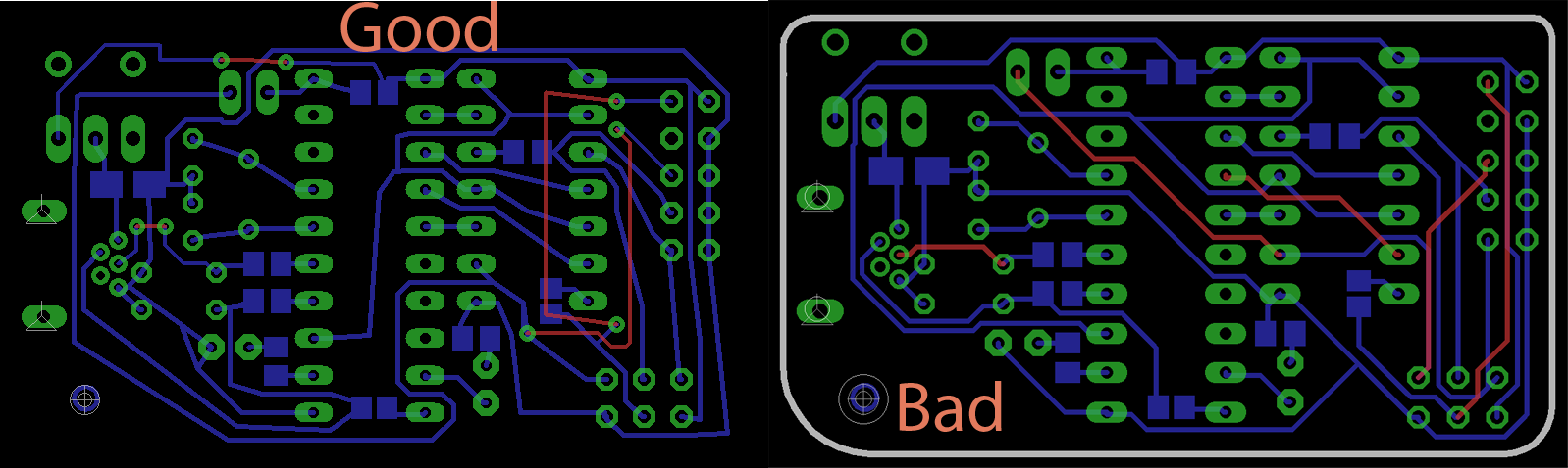 Example of good (not really, but sufficient) and bad wire placement"