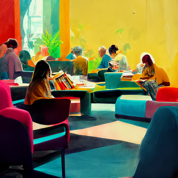 Datei:Midjourney by Sonstwer - creative and fun people meeting up in a library to do creative stuff, drawing and painting very colorful, photorealistic 4k.png