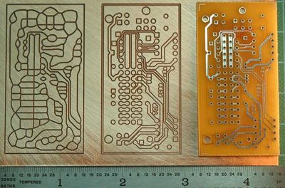 A voronoi milled PCB (left), a normally milled PCB, and a traditional PCB. Source