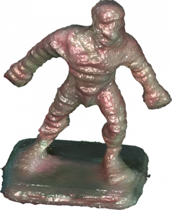 Beispiel 1: Eine 28mm-Spielfigur aus dem Brettspiel Hero Quest, gescannt mit einem kommerziellen Scanner für so um die €50k, Screenshot vom 3D-Programm. Die Originaltextur kann auch mitaufgezeichnet werden (wenn auch etwas niedrig aufgelöst).