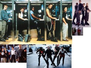 image collage of different hacker scenes, at phone booths, roller skating, being caught by cops